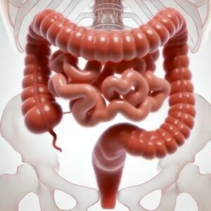 Illustration of the human small and large intestines, highlighting the digestive tract.
